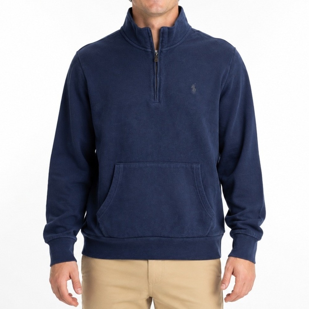 Polo Ralph Lauren Pullover Men L Navy Blue Quarter Zip Fleece Kangaroo Pocket